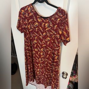 M Lularoe Carly Red with Feathers Pattern